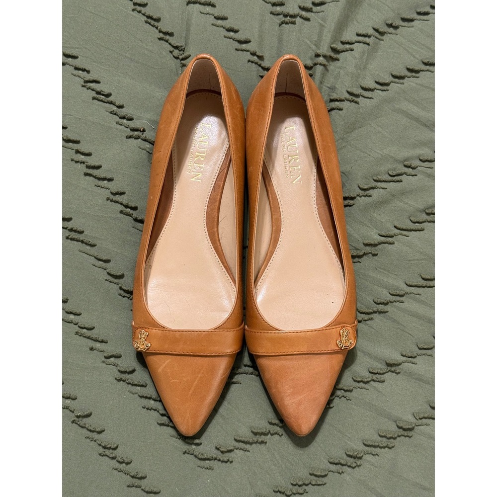 Lauren Ralph Lauren Womens Aminah Pointed Toe Flat 7B Tan Leather Gold Logo Shoe